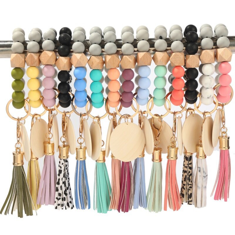in stock cross-border Monogram silicone beads wood brand wood bracelet key chain tassel key chain bracelet key ring