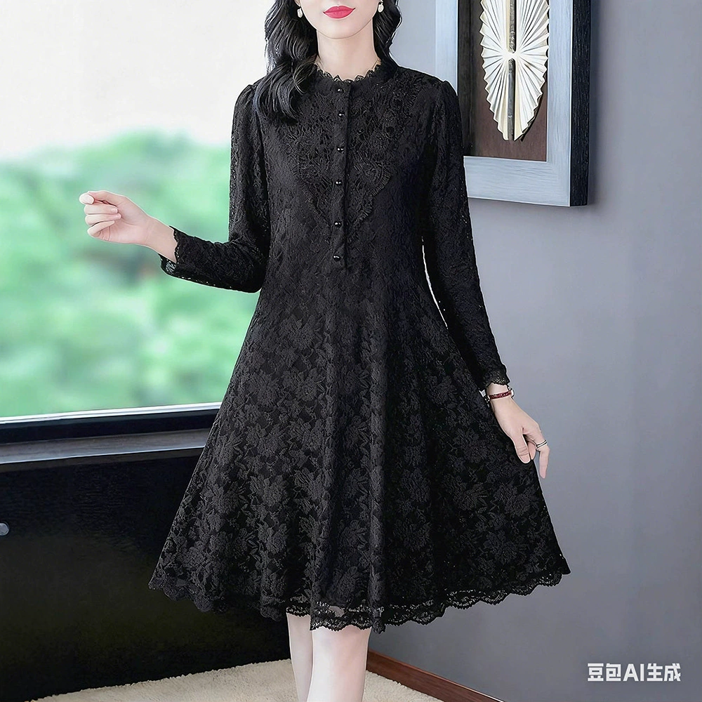 Осенний новый кружево A-sizo свободное большое размер рыхлое тонкое прямое модное платье платье средних лет мама женщина