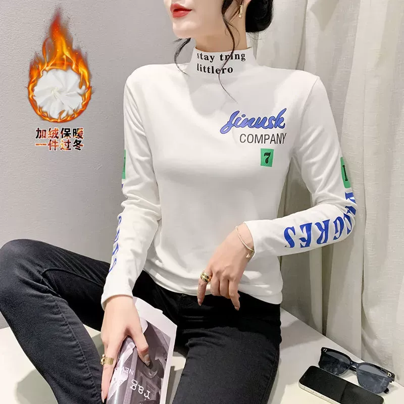 Спортивный полувысокий воротник с бархатным принтом нижняя рубашка осень-зима новая тонкая рубашка