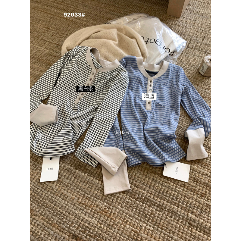 彼女のスイート初秋レディース韓国風シンプルレトロコントラストストライプハーフブレストラウンドネック長袖Tシャツ92033|undefined