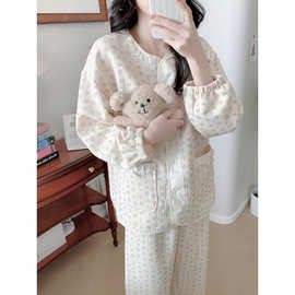 实拍2025新款睡衣女秋冬季夹棉加厚保暖花朵高级感家居服女套装