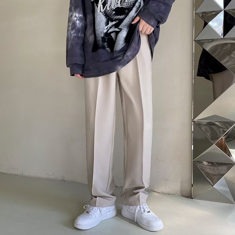 Primavera y otoño Corea del Sur celebridad de Internet drapeado pantalones de traje recto hombres sueltos coreano casual blanco Pantalones anchos pantalones de fregona