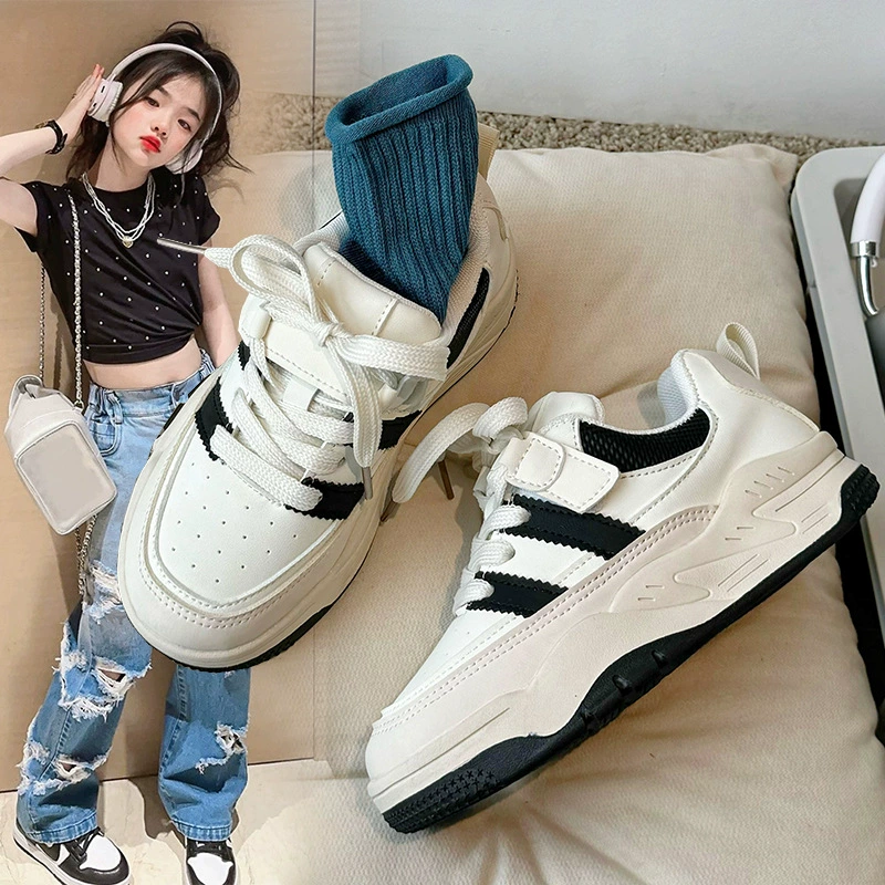 Кроссовки на платформе для девочек на шнуровке 2024, новая Нескользящая детская повседневная обувь весны, средняя и большая модная мягкая подошва