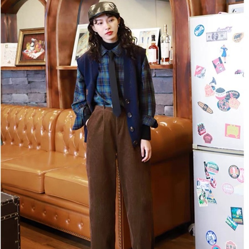 西装裤女2025秋冬加厚新款高腰灯芯绒显瘦小个子休闲直筒阔腿裤女|undefined
