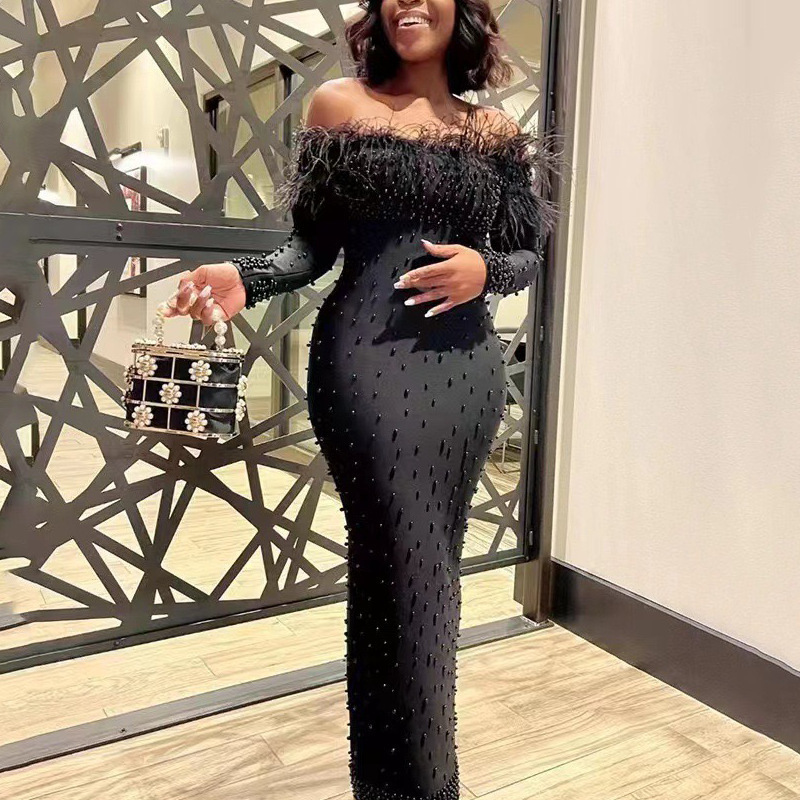 European and American Cross-Border New Bandage Women's One-Shoulder Neckline Feather Long-Sleeved Full-Piece Heavy Beaded Bandage Dress