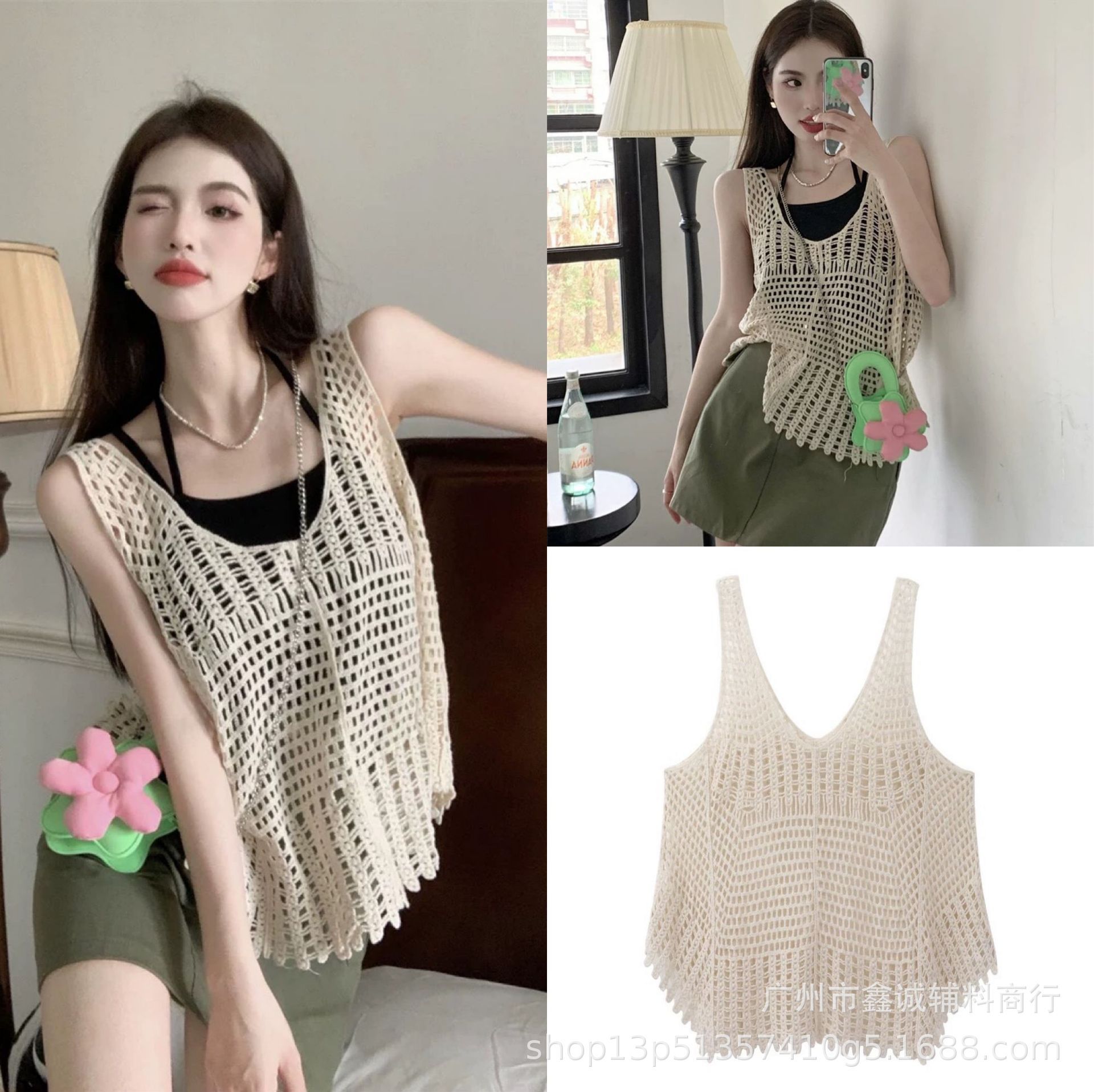 여름 크로 셰 뜨개질 중공 조끼 여성 느슨한 디자인 센스 틈새 시대 감소 올 매치 Chic V 넥 탑