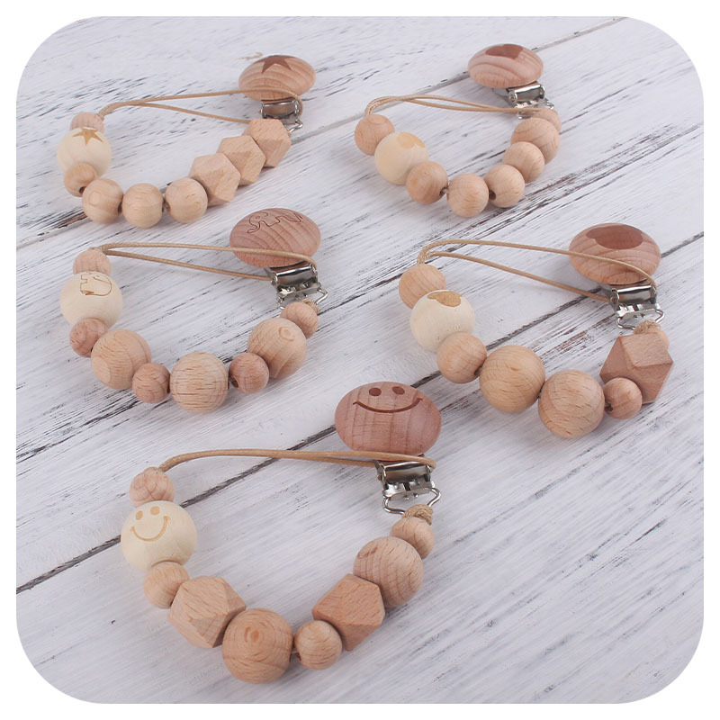 Bebé suministros de dibujos animados de haya forma chupete clip de haya animal cuentas de madera mordedor cuentas pezón cadena anti-perdido cadena