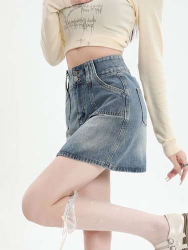A-line skirt with lining, high-waisted denim skirt, 2024 Hong Kong-style new arrival spring women's half-body dress, simple style