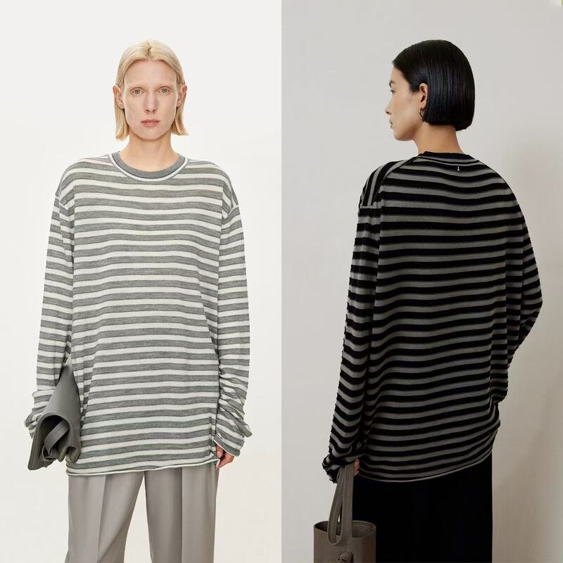 Chicjoc/Hot Style Kendou Silk Cashmere Stereo Contrast Stripesd Curled Round Neck Bottoming Shirt T-Shirt
