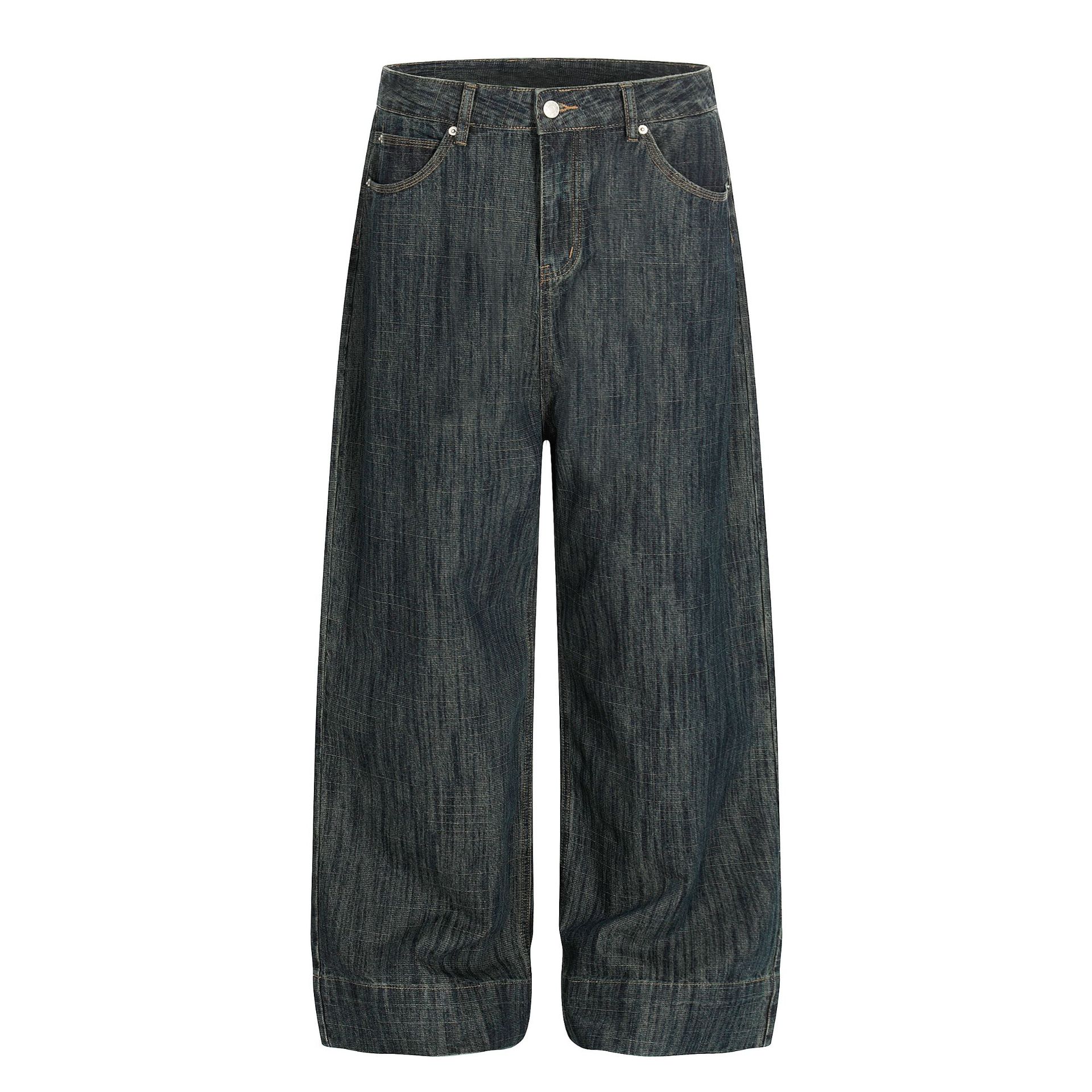Jean homme vintage rayé délavé, coupe ample, fermeture boutonnée, style streetwear décontracté_voghion.com