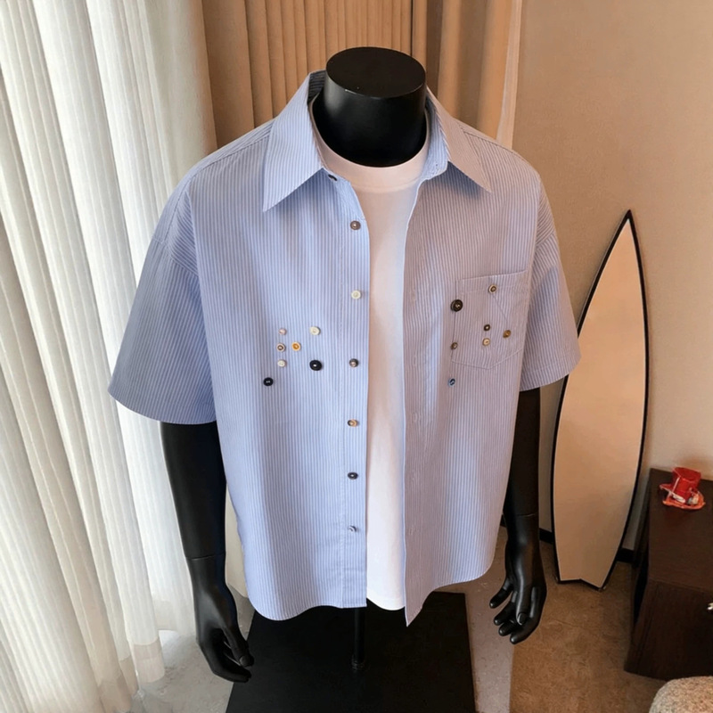 Retro striped button-up shirt for men, spring trendy brand, college style couple's top, high street versatile loose casual shirt Retro striped button-up shirt for men, spring trendy brand, college style couple's top, high street versatile loose casual shirt