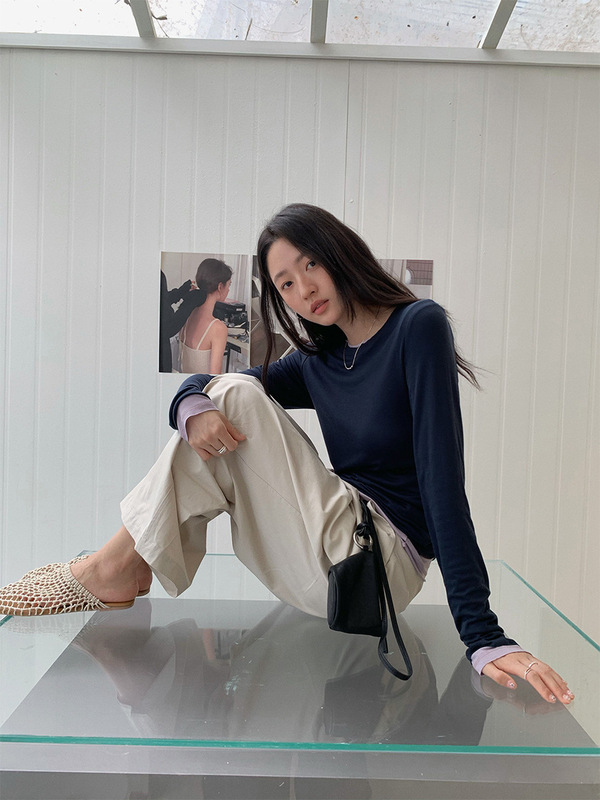 苏奈  韩系纯色长袖T恤女秋季2025简约修身显瘦内搭舒适打底上衣|undefined