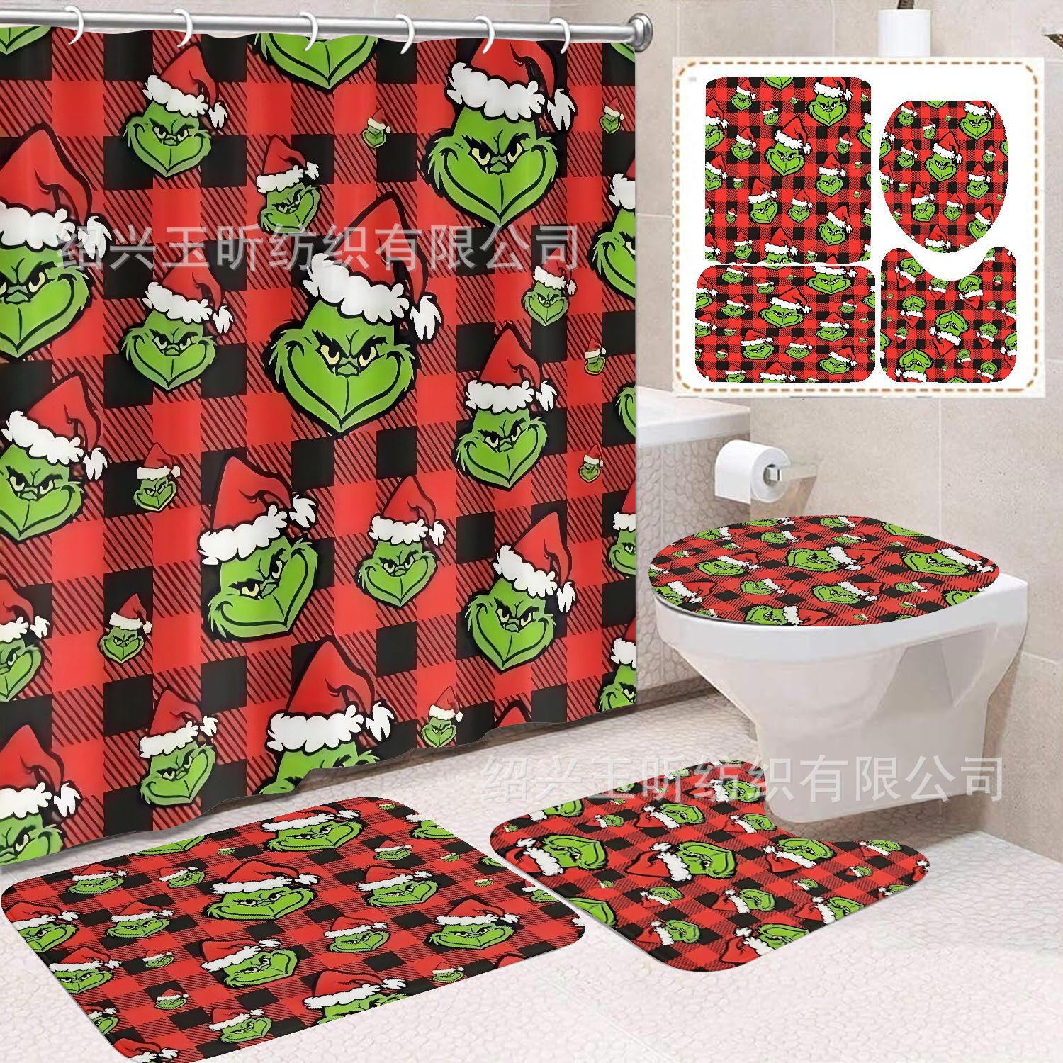 Tela de cortina de ducha transfronteriza, cortina de ducha impermeable, alfombra antideslizante de baño, juego de Grinch 4 de pelo verde al por mayor, sin perforación