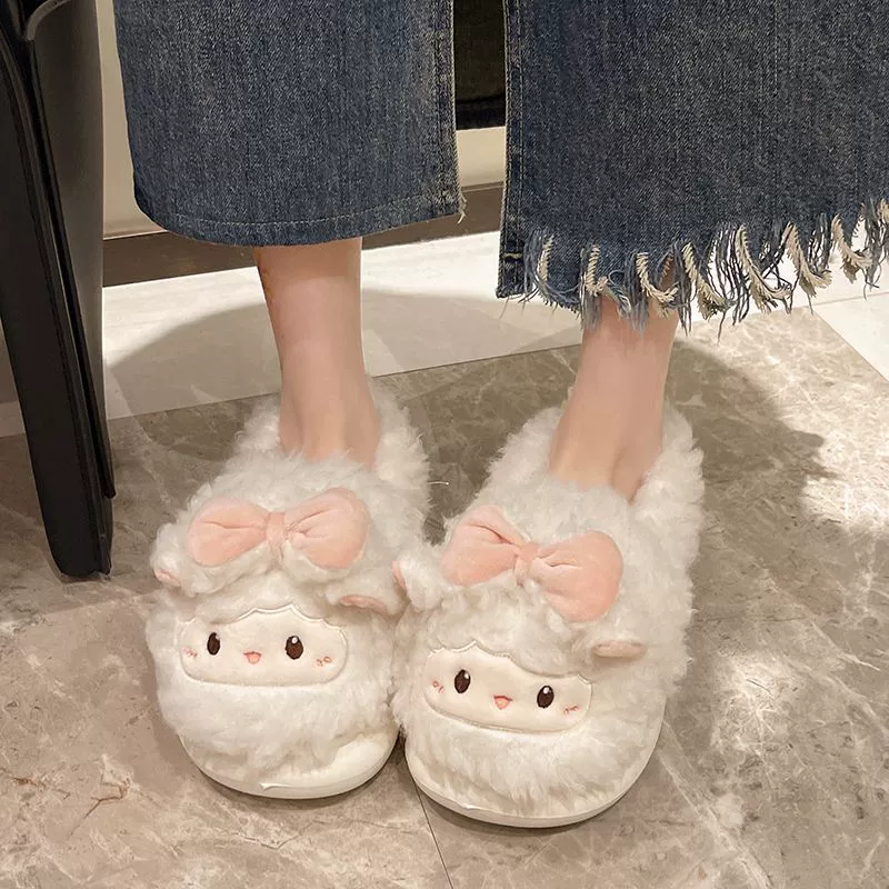 Симпатичные Rys ягненок хлопчатобумажные тапочки женский зимний новый интерьер теплая плюшевая шерсть толстая подошва домашняя хлопчатобумажная обувь