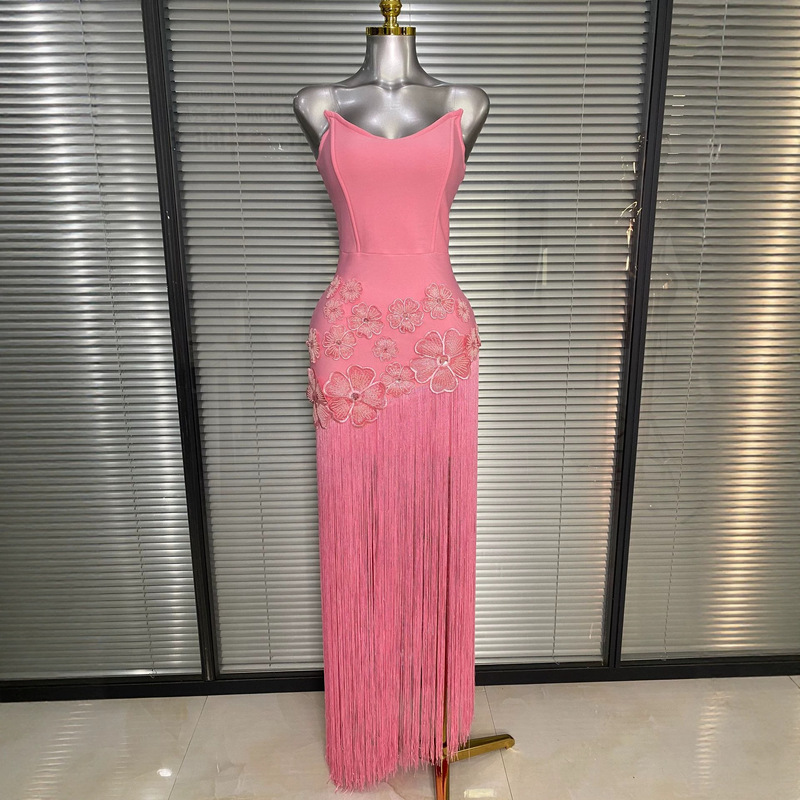 Amazon European and American Cross-Border Stage Tube Top Tassel Floral Birthday Bodycon Bandage Evening Gown Long Dress