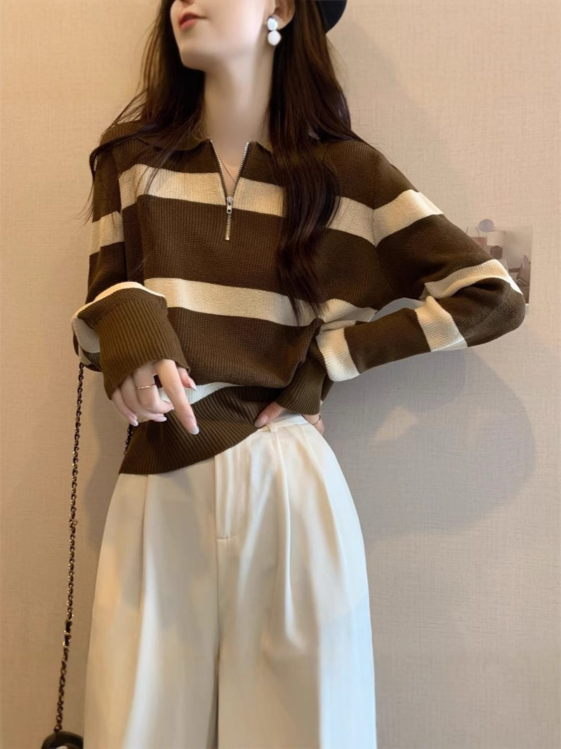 撞色条纹半拉链polo领针织衫女春秋冬宽松慵懒风外搭长袖毛衣外套