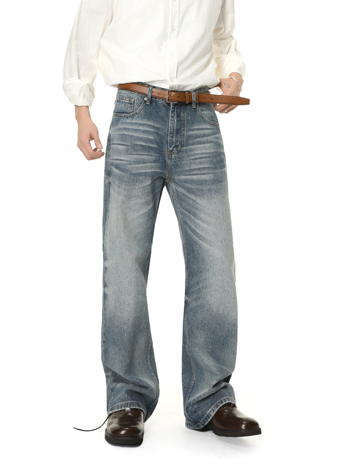 MTLCLOTHES Hombres| El gato de la calle alta lavado en agua estriado pliegue retro hacer viejos jeans de piernas anchas rectas de moda