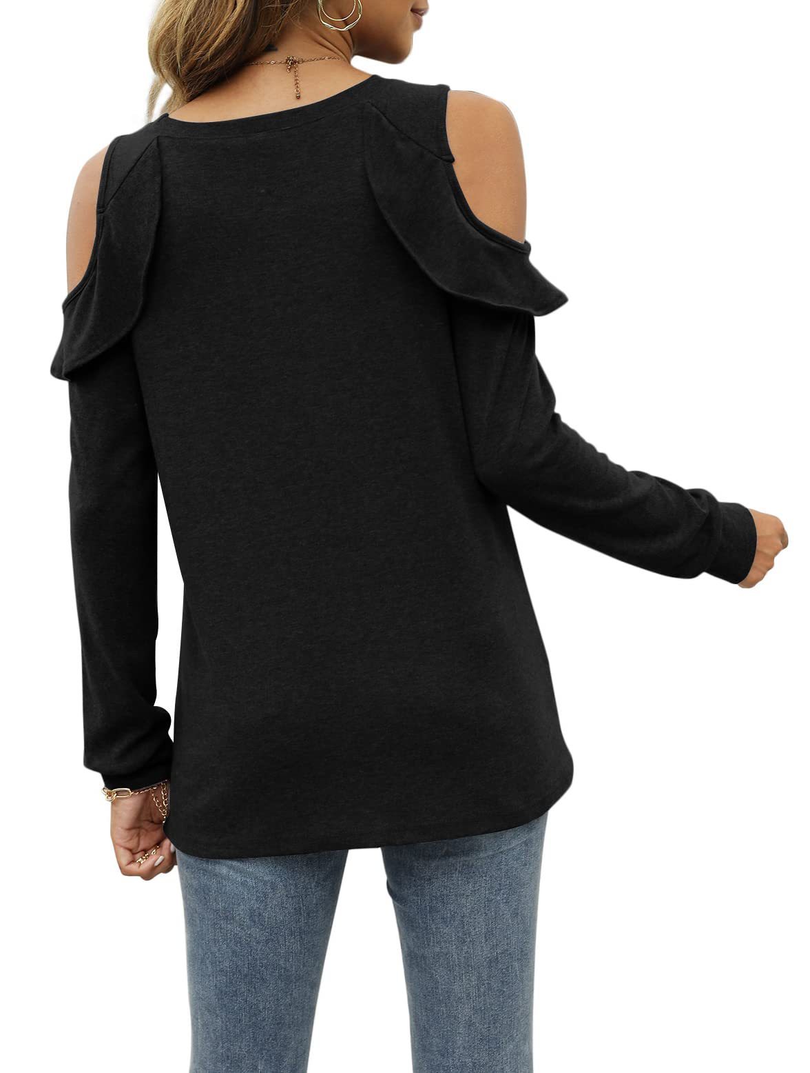 cuello redondo sin tirantes con volantes suelta casual manga larga top de color sólido NSMVS139802