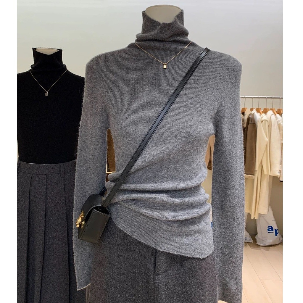 高性价比含羊毛无缝一体高领针织衫秋冬内搭直筒版修身打底毛衣女