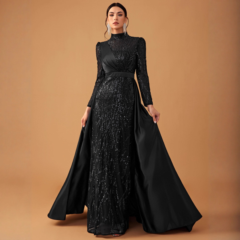 Women's Elegant and Luxurious Sequined Satin High-Neck Long-Sleeve Cape Party Dress - Ssl6221
