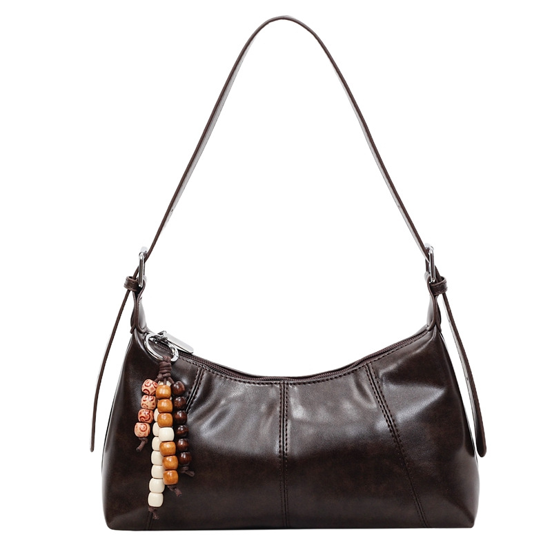Retro Oil Wax Leather Baguette Bag 2026 New Arrival Niche Design Underarm Bag Versatile Beaded Charm Shoulder Bag - Thumbnail 7