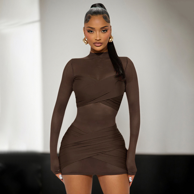 Foreign Trade European and American Style Women's Autumn and Winter New Pure Color Sexy Round Neck Long-Sleeved Mesh Splicing See-Through Short Dress