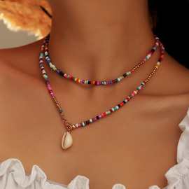 跨境欧美饰品 手工米珠波西米亚风彩色混搭米珠项饰 多彩贝壳项链