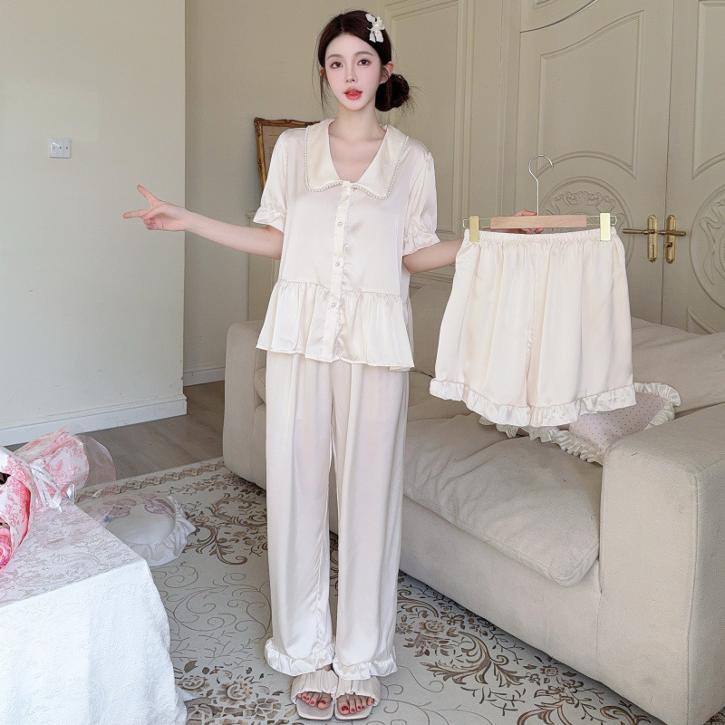 Pearl Collar Ice Silk Pajamas Women's Ruffled Korean Sweet Home Clothes Set Can Be Worn Outside in Spring, Summer and Autumn