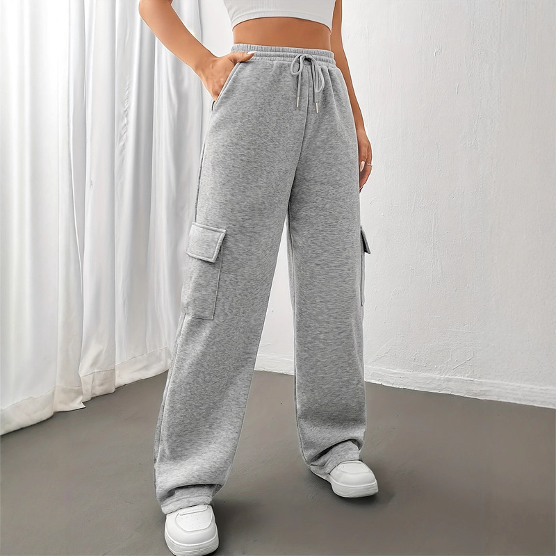 2025 Cross-Border New Women's Solid Color Loose Pocket Decorative Elastic Waist Drawstring Cargo Sports Casual Long Pants 2025 Cross-Border New Women's Solid Color Loose Pocket Decorative Elastic Waist Drawstring Cargo Sports Casual Long Pants
