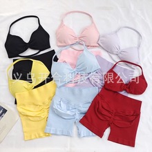 速卖通DFYNE同款运动套装挂脖吊带文胸紧身瑜伽短裤健身塑身