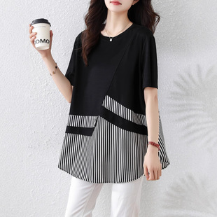 Real Shot of 2025 Summer Clothes, New Fashionable Elegant Splicing Large Size Tops, Slimming Look and Age-Reducing T-Shirts for Fat Girls