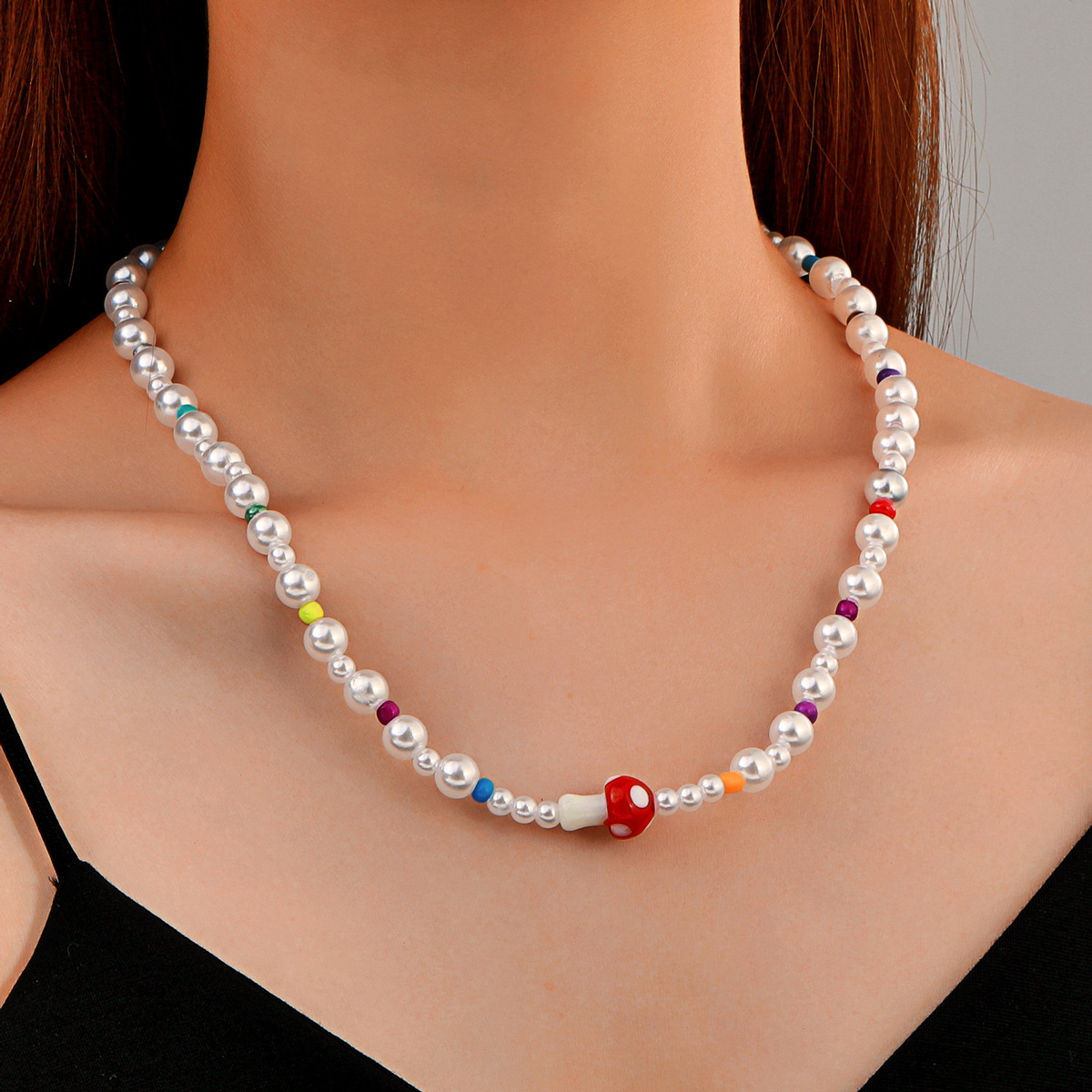 Fashion Bohemian Style Mushroom  Pearl Colorful Beaded Clavicle Chain Necklacepicture2