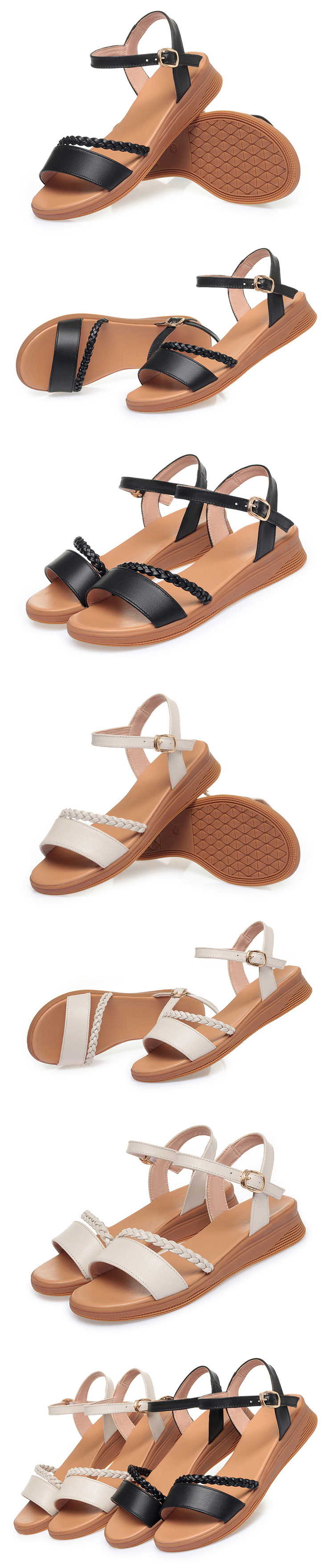 Sandal nữ đế bằng da thật quai chữ V đế dày mềm mại — Màu đen chi tiết 4