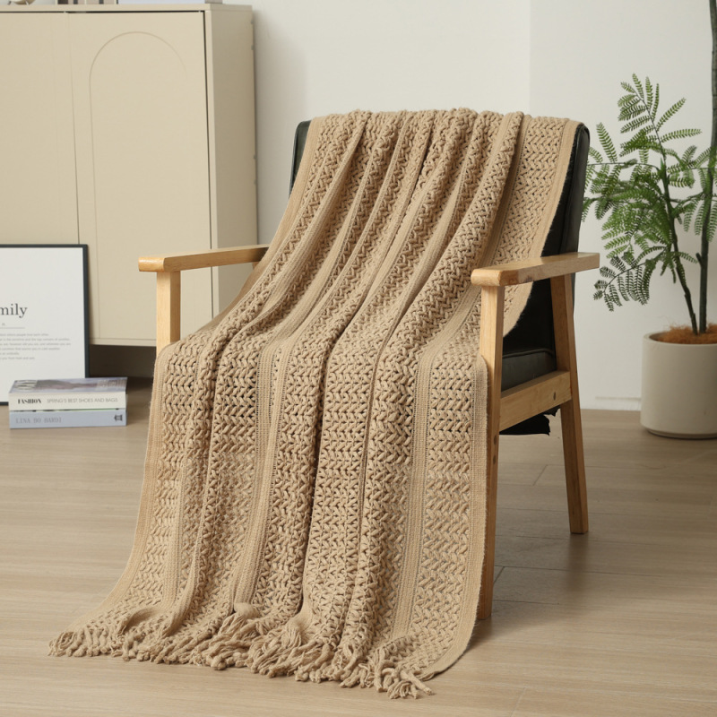 Sofa Blanket, Hollow-Out Solid Color Tassel Yarn Throw, Guesthouse Hotel Bed End Blanket, Knitted Blanket Wholesale, Simple Style