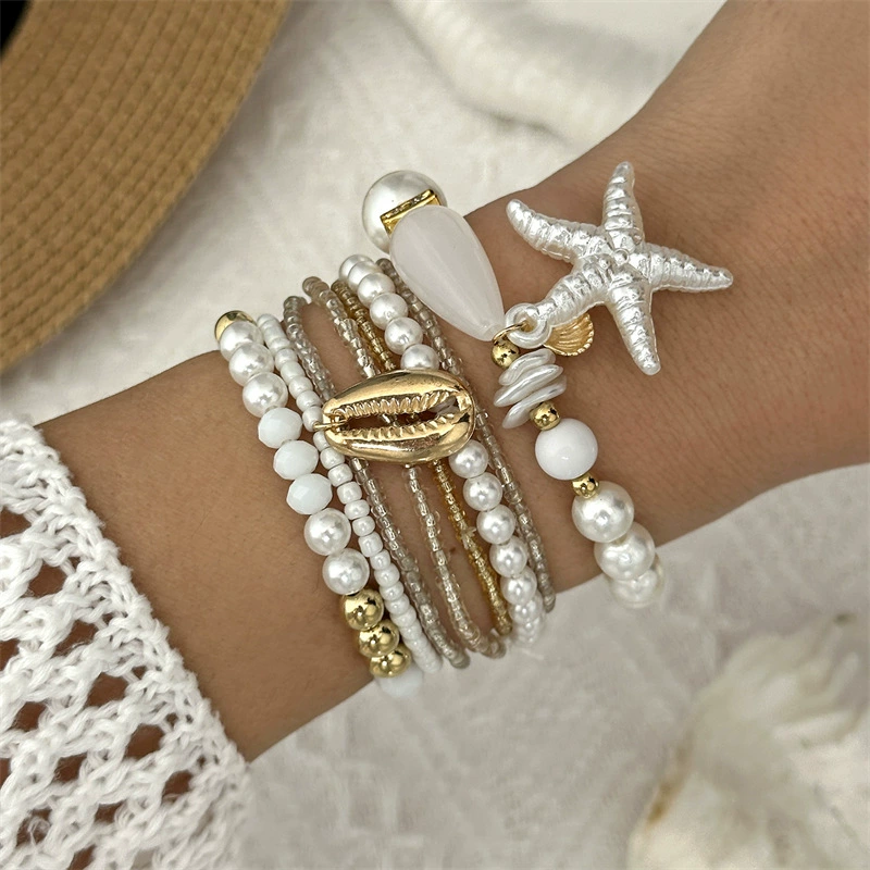 Bracelet set, marine woven ceramic design, multi-layer shell & bead stack (seasonal trend)