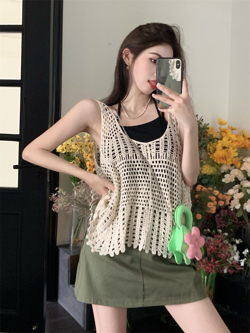 Korean Style Knitted Camisole Women's Summer Hollow Sweet Cool Hot Girl Loose Sleeveless Short Outer Wear Inner Top