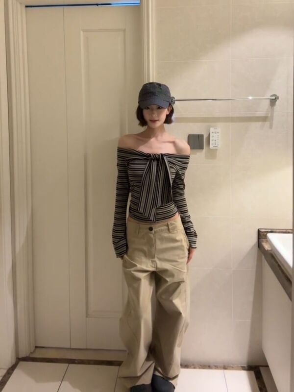 法式复古一字肩优雅条纹长袖t恤女早秋休闲百搭修身气质显瘦上衣|undefined