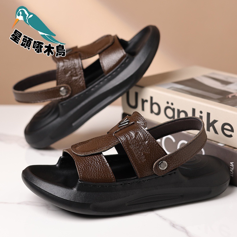 跨境代发头层牛皮皮凉鞋男2025夏季新款潮男厚底轻鞋底运动开凉鞋