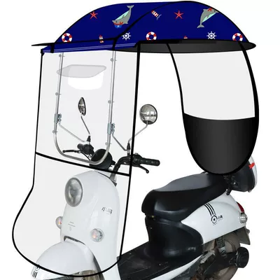 electric scooter rain cover, Elektromobil üçün ön şüşə çətiri (günlük) - stainless-steel-reinforced-edge-model-rain-curtain-azure-ocean-with-rearview-mirrordirect-installation