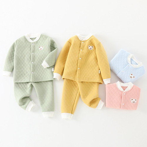 Baby quilted thermal underwear set, thickened baby autumn clothes and long pants, pure cotton children's pajamas, boys and girls, autumn and winter