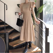 2023 韩版气质中长款荷叶边收腰针织大摆毛衣中长款连衣裙