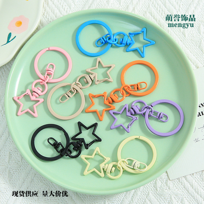 Colorful painted pentagram keyring with figure-eight buckle, DIY bead pendant accessories, flattened ring keychain wholesale