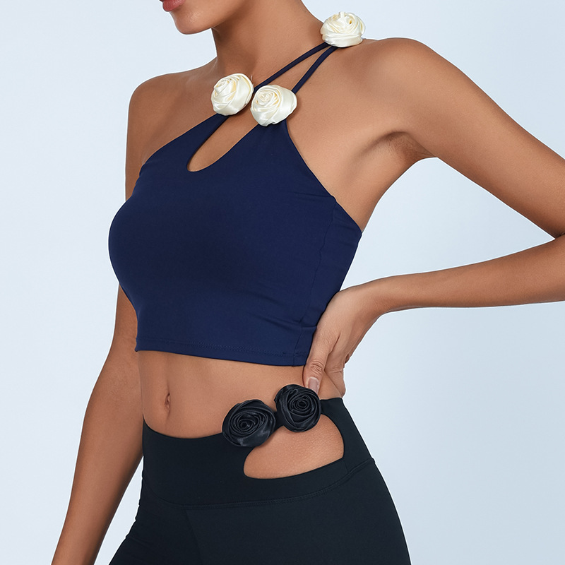 Top de yoga con tirantes y diseño floral, color rojo festivo, efecto adelgazante, de secado rápido, a prueba de golpes, sujetador deportivo para correr y hacer ejercicio para mujer.