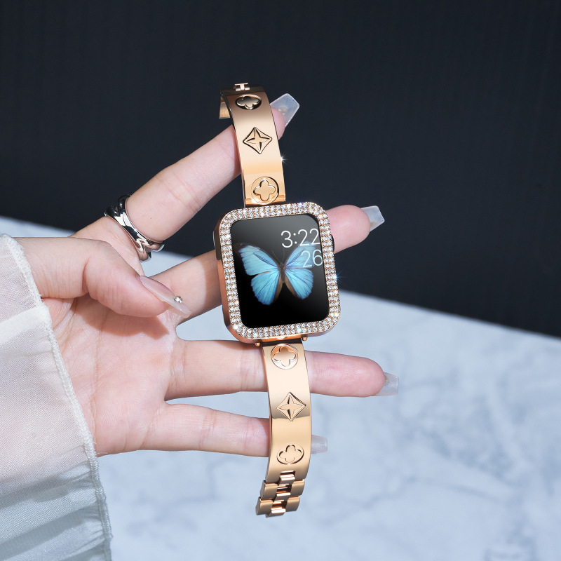 Lv Style Rose Gold Four-Leaf Clover Diamond-Encrusted Metal Watch Band + Case Set for Apple Watch Series 1-11 Se