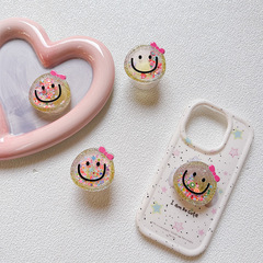 Adhesive retractable mobile phone quicksand stand with bow and smiley creative desktop drama online class ins style stand