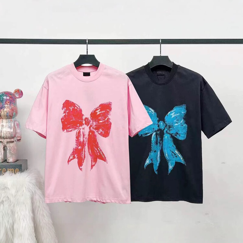 Cross-Border High-End Paris B Brand 26Ss Blue Bow Direct Print Short-Sleeve T-Shirt Top for Men and Women