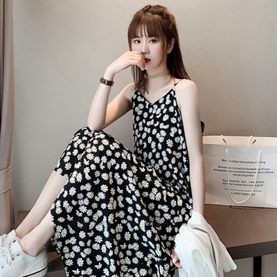 小雏菊吊带裙2021新款夏季大码女装法式赫本风中长款碎花连衣裙子|ru
