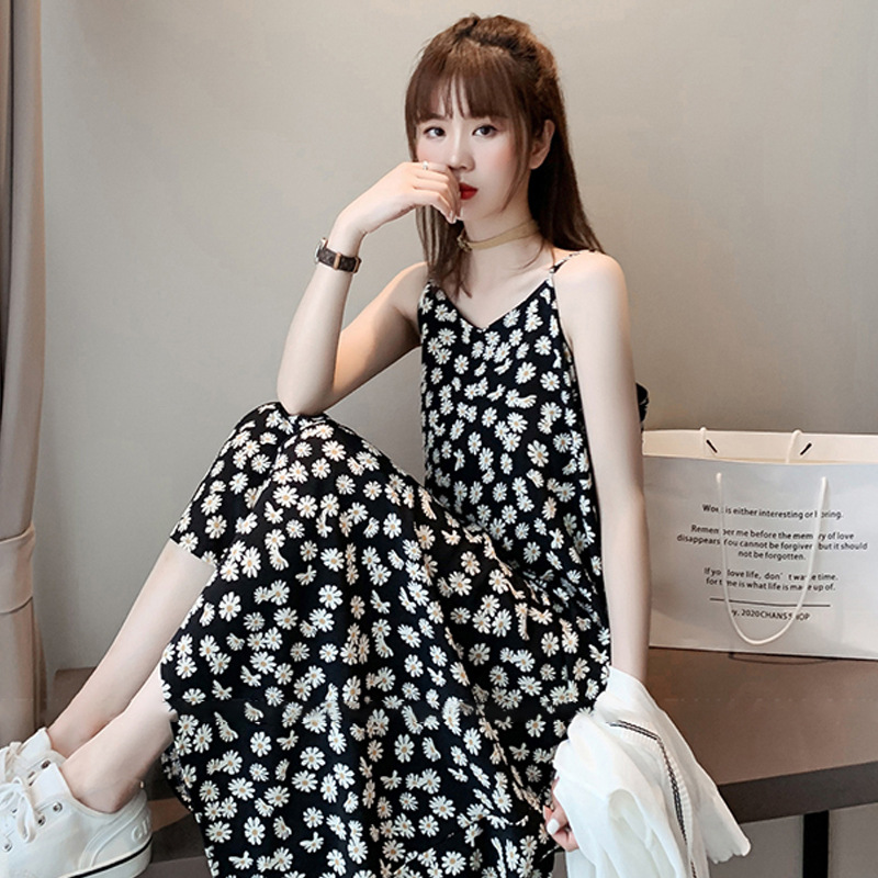 小雏菊吊带裙2021新款夏季大码女装法式赫本风中长款碎花连衣裙子|ru