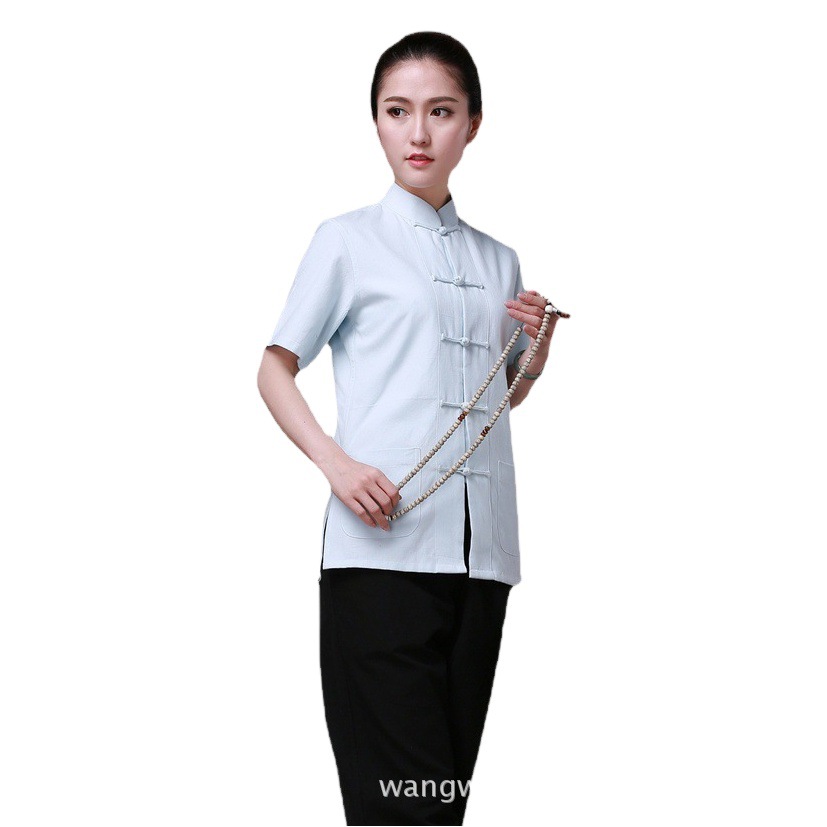 Summer Zen-Inspired All-Cotton Retro Chinese-Style Tang Suit Unisex Short-Sleeve Chinese Workwear Zhongshan Suit Layperson Clothing