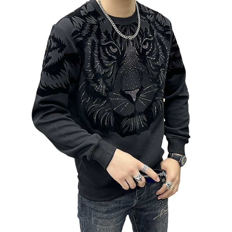 European Fashion Brand High end Hot Diamond Tiger Head Sweater Round Neck Bottom 2023 New Autumn Men's_voghion.com